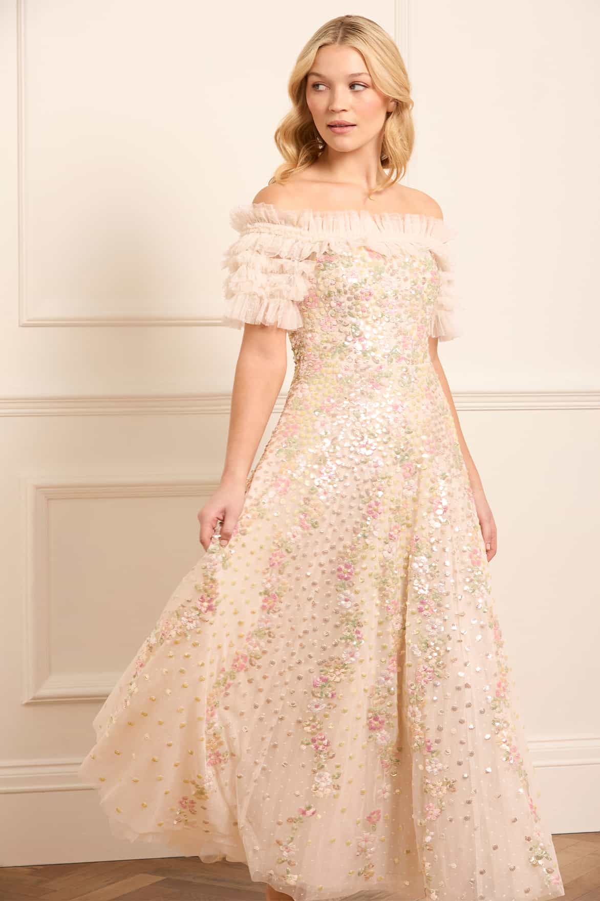 Confetti Ruffle Off-Shoulder Ankle Gown