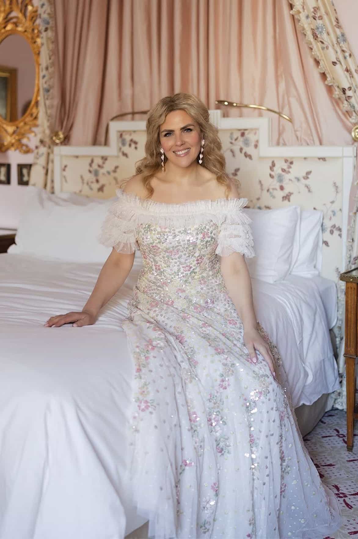 Confetti Ruffle Off-Shoulder Ankle Gown