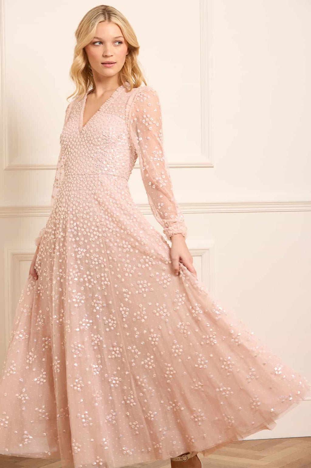 Leila Dot V-Neck Ankle Gown