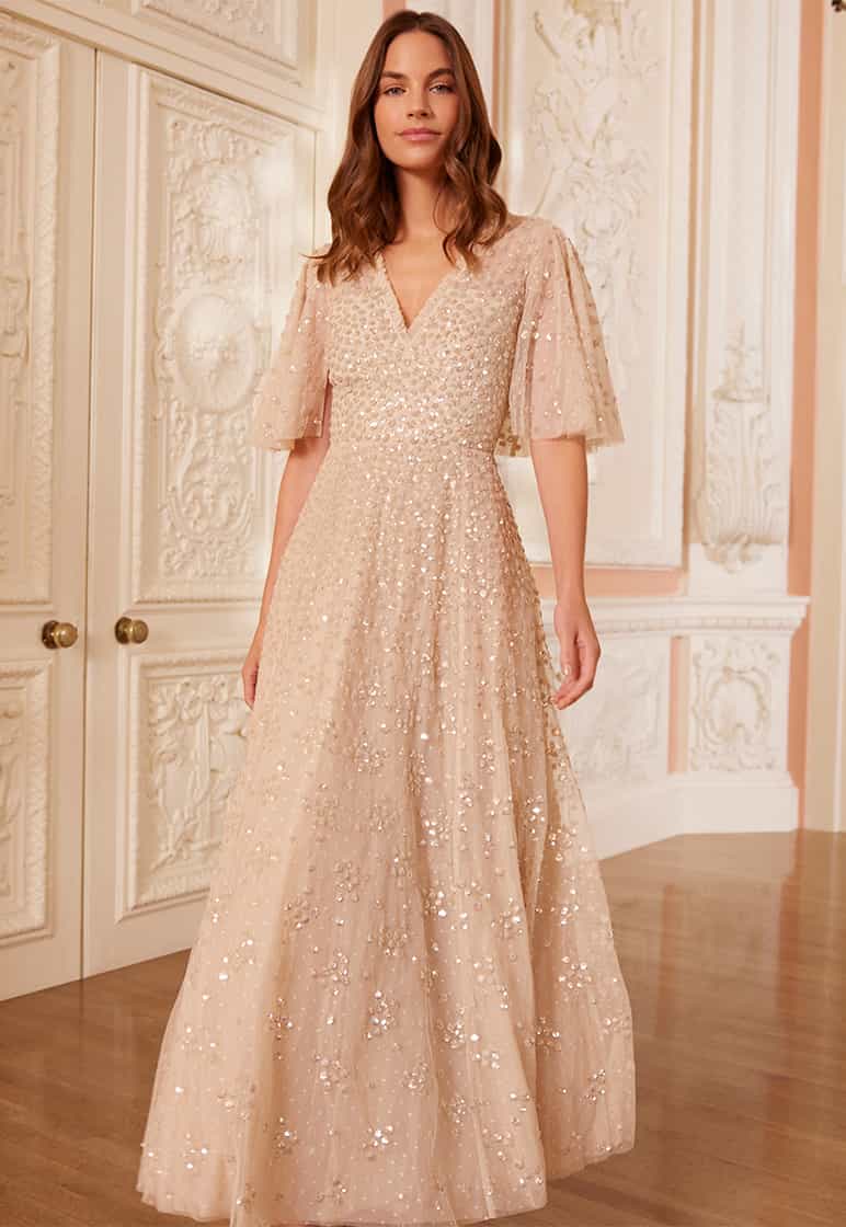 Leila Dot V-Neck Cape Ankle Gown